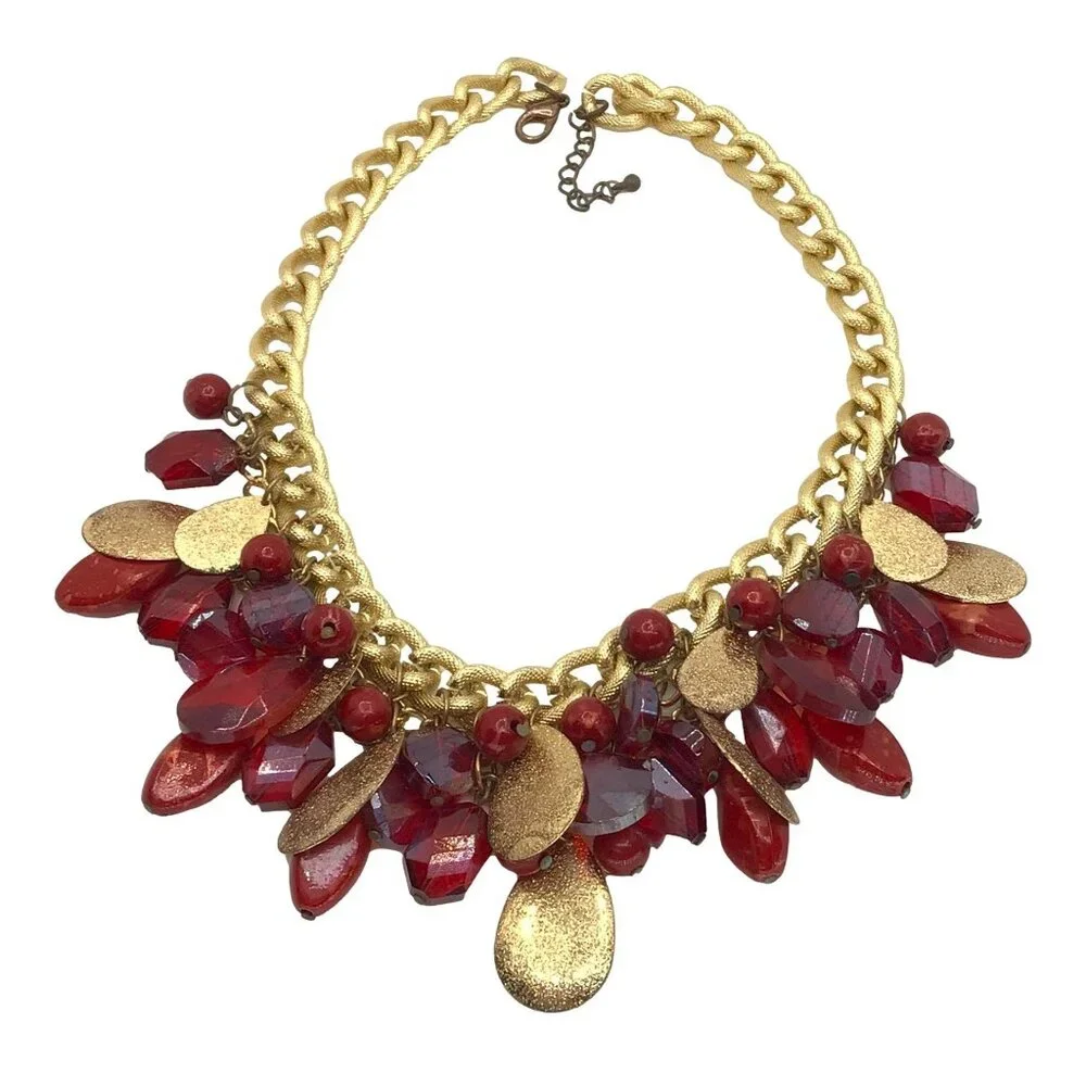 Statement Necklace Gold Tone Red Tear Drop Beads Simulated Stone Adjustable Leng